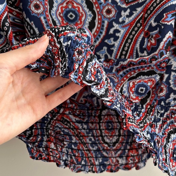 Michael Kors Multicolor Paisley Roll Tab Sleeve Smocked Blouse, Size Large - Picture 9 of 16